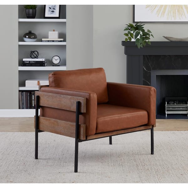 Kari Brown Wood and Black Metal Accent Chair in Camel Faux Leather