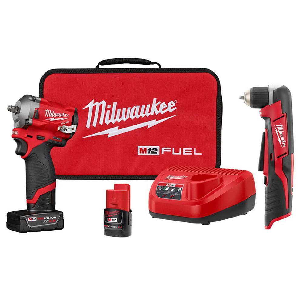 Milwaukee M12 FUEL 12V Lithium-Ion Brushless Cordless Stubby 3/8 in. Impact Wrench Kit with M12 3/8 in. Right Angle Drill 2554-22-2415-20 Sansujyuku sansujyuku.com