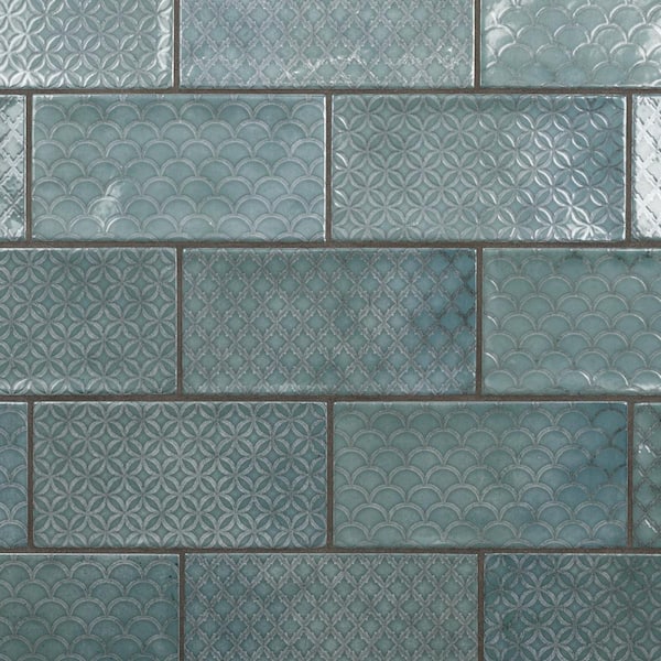 Merola Tile Camden Decor Emerald 4 in. x 8 in. Ceramic Wall Take Home Tile Sample