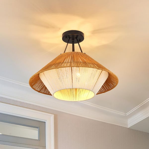 Boho 19.69 in. 3-Light Yellow and White Farmhouse Barn-Style Semi-Flush Mount with Rattan Shade, No Bulbs Included