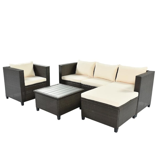 Unbranded 5-Piece Wicker Patio Conversation Set with Beige Cushions