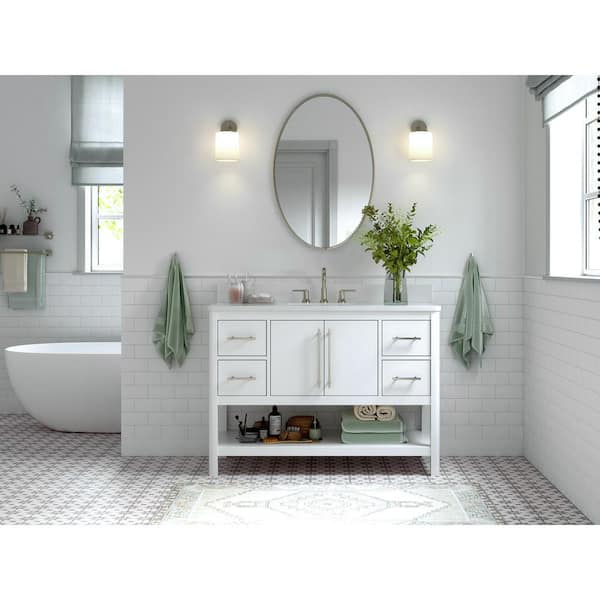 Home Decorators Collection Glovemont 48 in. W x 22 in. D x 35 in. H Single Sink Freestanding Bath Vanity in White with White Engineered Stone Top