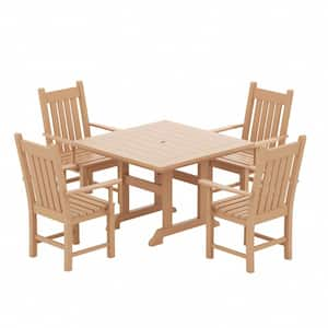 Hayes 5-Piece HDPE Plastic Outdoor Patio Dining Set with Square Table and Arm Chairs in Teak