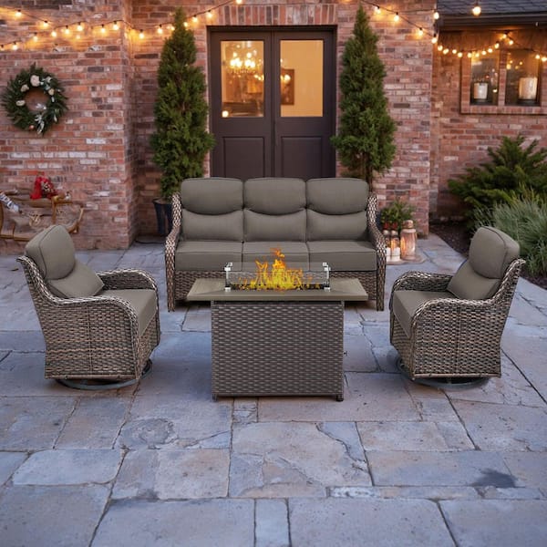 5 Seat 5-Piece Brown Wicker Outdoor Fire Pit Patio Set with Gray Cushions, Swivel Chairs and Fire Pit Table