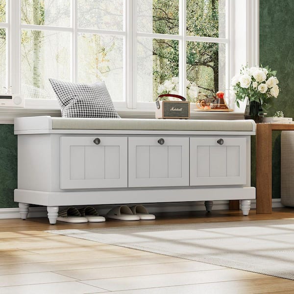 19 in. H x 44 in. W Light Gray Rubber Wood Shoe Storage Bench with Cushion and 3-Drawer for Hallway, Living Room