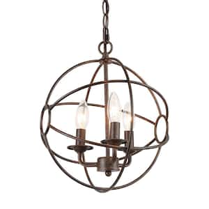 Industrial 40Watt 3-Light Brown Cage Globe Pendant Light for Foyer with No Bulb Included
