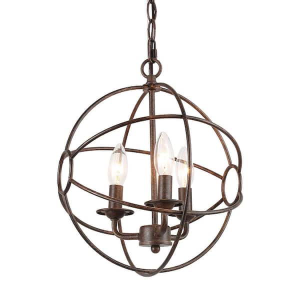 Unbranded Industrial 40Watt 3-Light Brown Cage Globe Pendant Light for Foyer with No Bulb Included