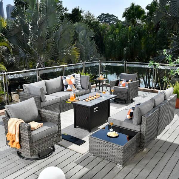 Hooowooo Messi Gray 11 Piece Wicker Patio Conversation Sectional Sofa Fire Pit Set With Swivel 7813