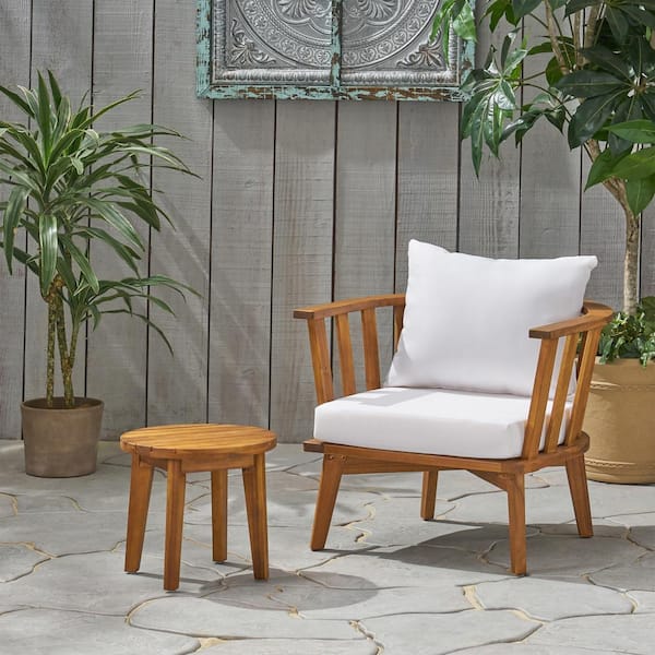 Noble House Chilian Teak Brown 2-Piece Wood Outdoor Patio Conversation Seating Set with White Cushions