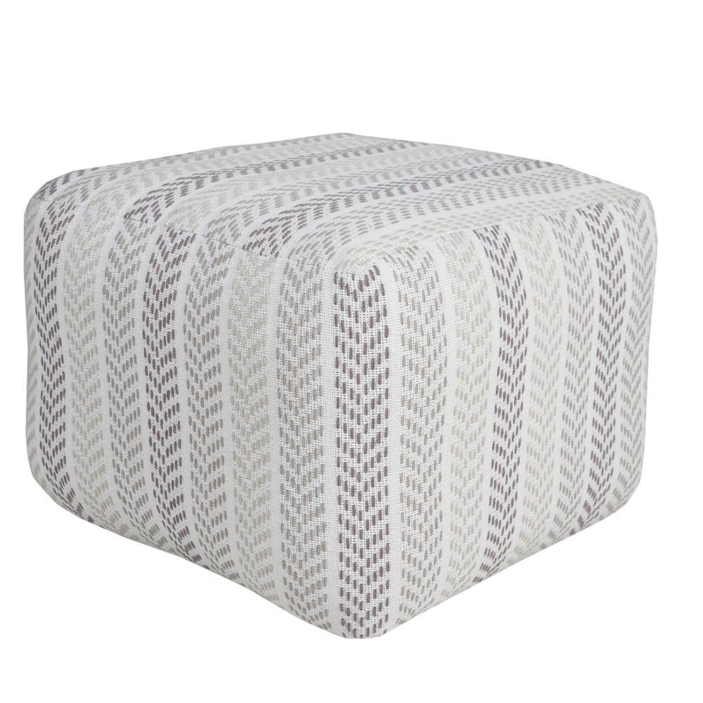 Transitional Chevron Stripe Square Pouf in Gray and White, 18" x 18" x 14"