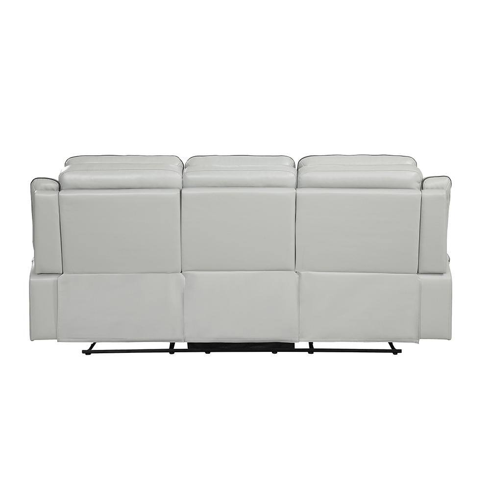 Modern Light Gray Faux Leather 88.5" Reclining Sofa with Wood Accents