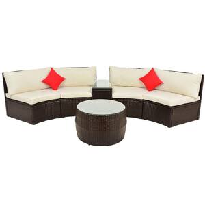 Brown 4-Piece Wicker Outdoor Sectional Set Patio Furniture Sets with Beige Cushions, 2 Pillows and Coffee Table