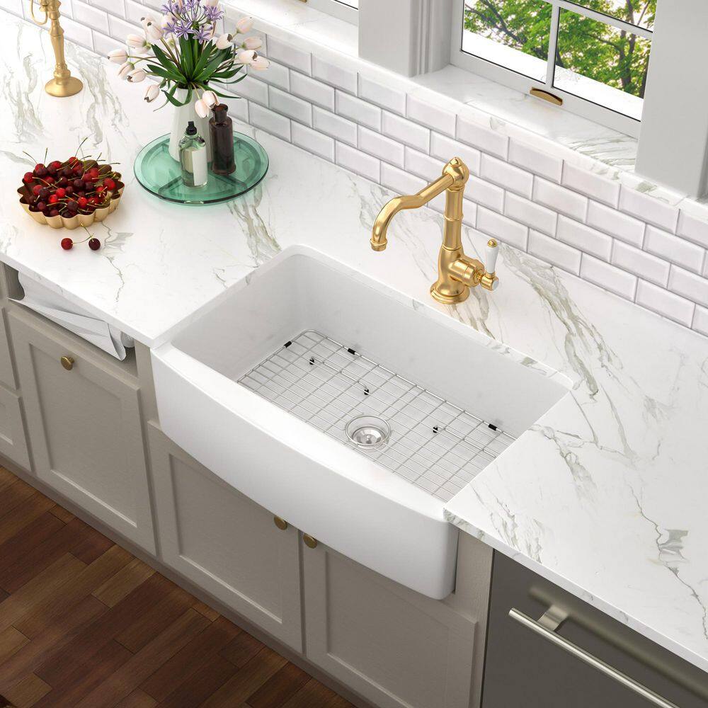 30'' Glossy White Ceramic Farmhouse Apron-Front Single Bowl Kitchen Sink