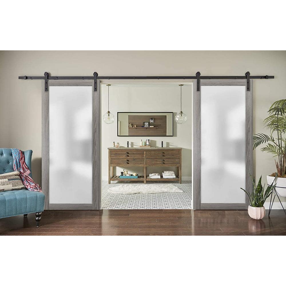Gray Solid Pine Wood Sliding Barn Doors with Frosted Glass Panels