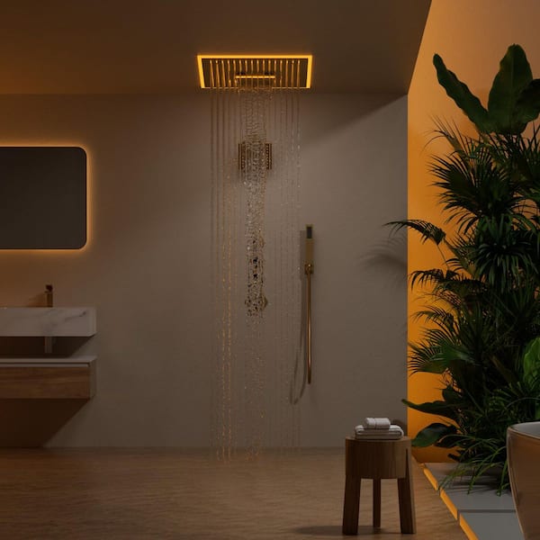 16 in. AuroraMist LED 17-Spray Dual Ceiling Mount Fixed and Handheld Shower Head 2.5 GPM in Brushed Gold