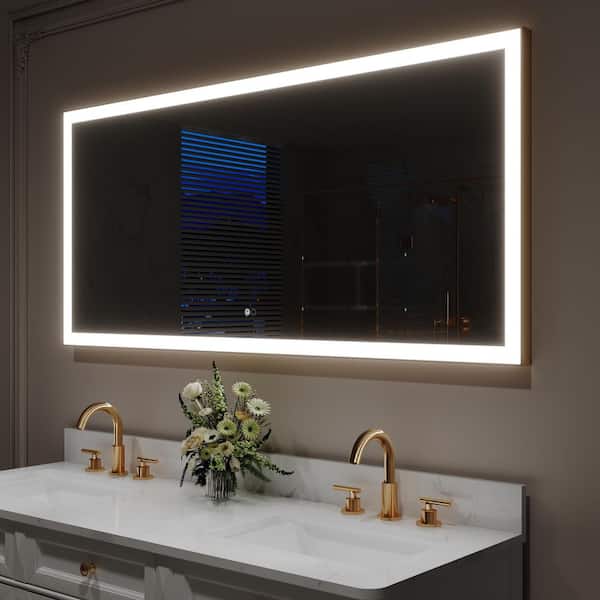 ANGELES HOME 60 in. W x 28 in. H Rectangular Framed Wall LED Light Bathroom Vanity Mirror in Gold,Dimmable Anti-Fog,Easy Installation