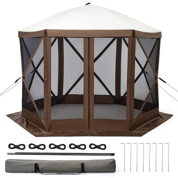 10 ft. x 10 ft. 6-Sided Instant Pop Up Gazebo Easy Setup Screened Canopy Tent Sun Shelter in Brown with Netting
