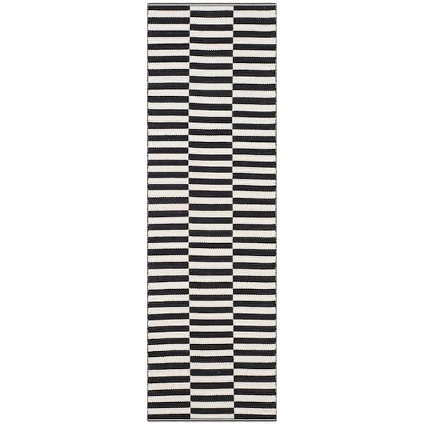 Montauk 2 ft. x 21 ft. Ivory/Black Striped Plaid Runner Rug