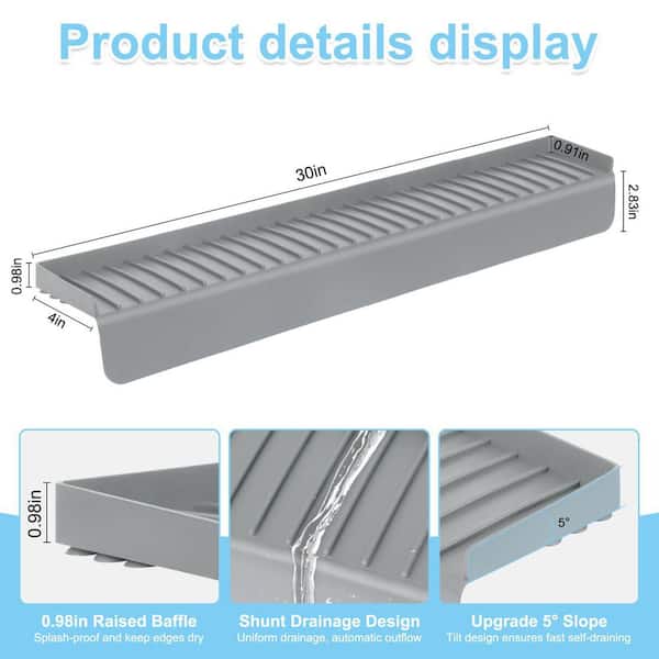 2.83 in. H x 30 in. W x 4 in. D Gray Silicone Faucet Splash Guard, Faucet Water Catcher Mat, Silicone Sink Mat