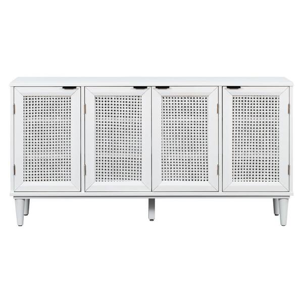 Angel Sar 58 in W. White Large Storage Space Sideboard with Four Artificial Rattan Doors for Living Room and Entryway