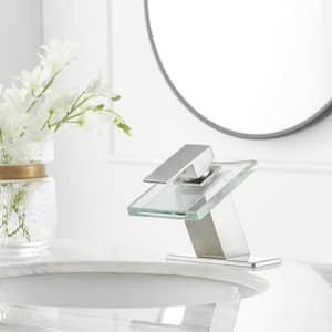 Waterfall Single Hole Single-Handle Low-Arc Bathroom Faucet With Glass Spout In Brushed Nickel