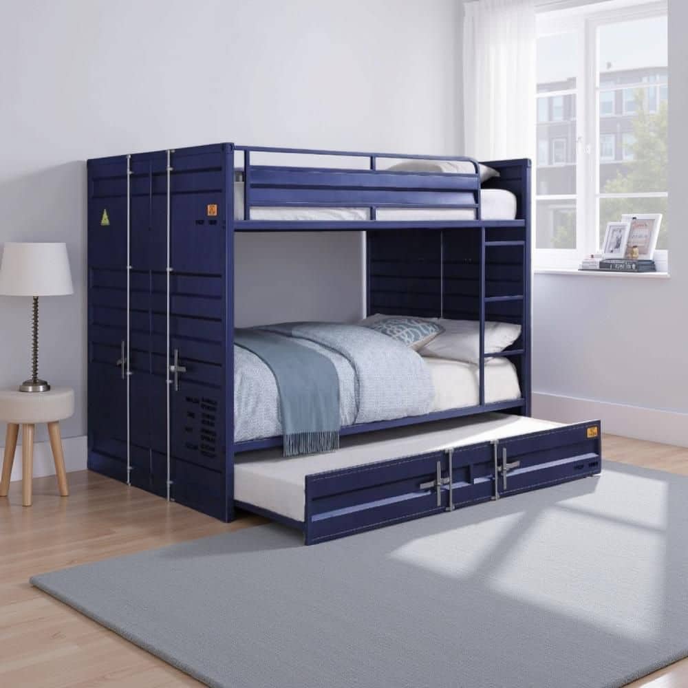 Modern Blue Full Bunk Bed with Recessed Panel Design