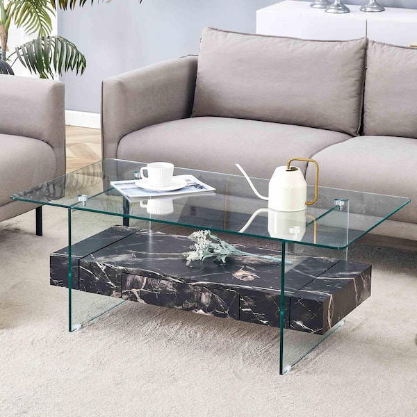 Polibi 43.3 in. Black, Transparent Rectangle Glass Coffee Table with Storage and Shelves