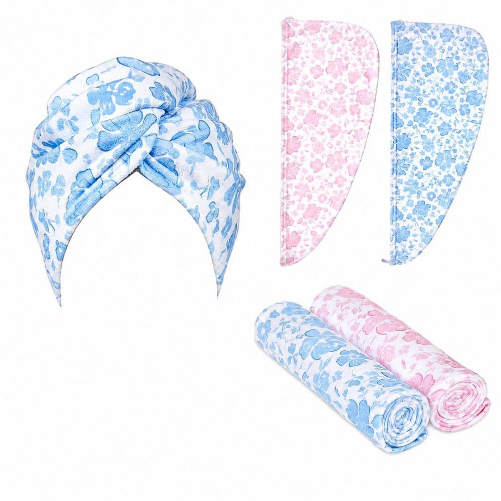 Pink Blue Family Hair Wrap Towels 2 Pack Microfiber Quick-Dry Absorbent Turban for Kids Curly Thick Hair