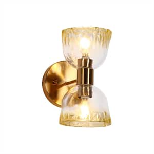Modern 2-Light Brass Wall Sconce with Elegant Textured Floral-Shape Glass Shade