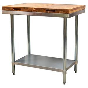 36 in. Silver/Brown Stainless Steel Kitchen Utility Table with 3-Piece Acacia Wood Butcher Cutting Board Set