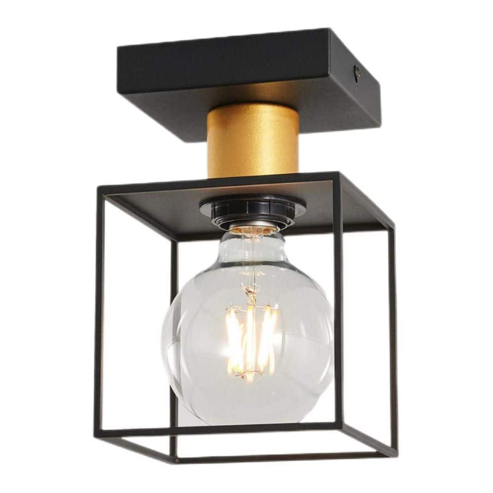8.07 in. 1-Light Metal Black Flush Mount Ceiling Light Fixture with Lantern