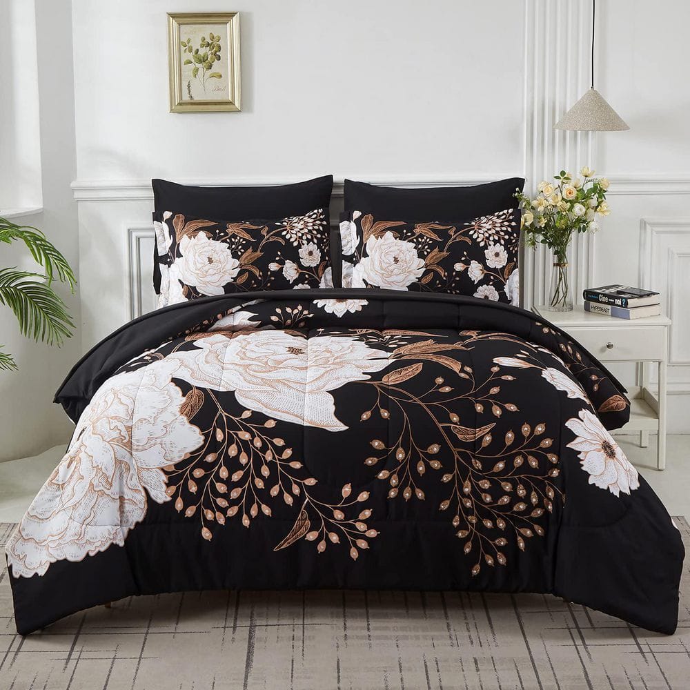 7-Piece King Botanical Floral Reversible Design Bedding Set, Soft Microfibe