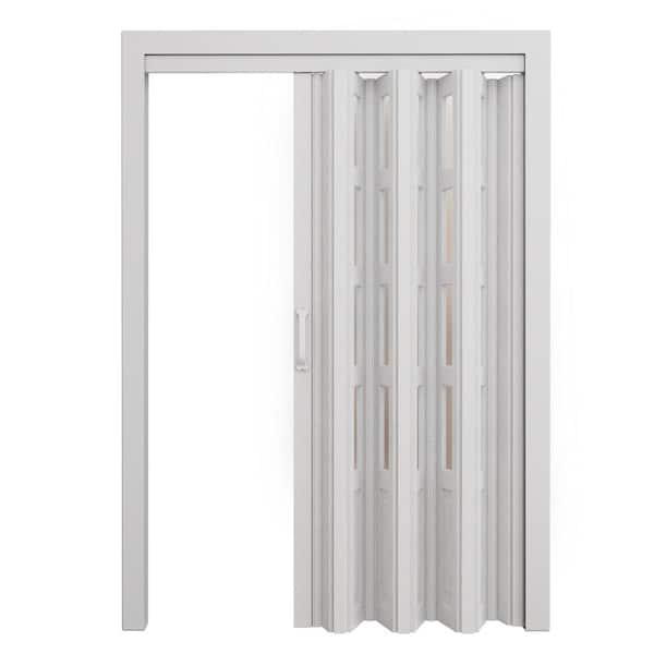 ARK DESIGN 38 in. x 80 in. White 4-Lite Frosted Glass Acrylic Vinyl Accordion Door with Hardware