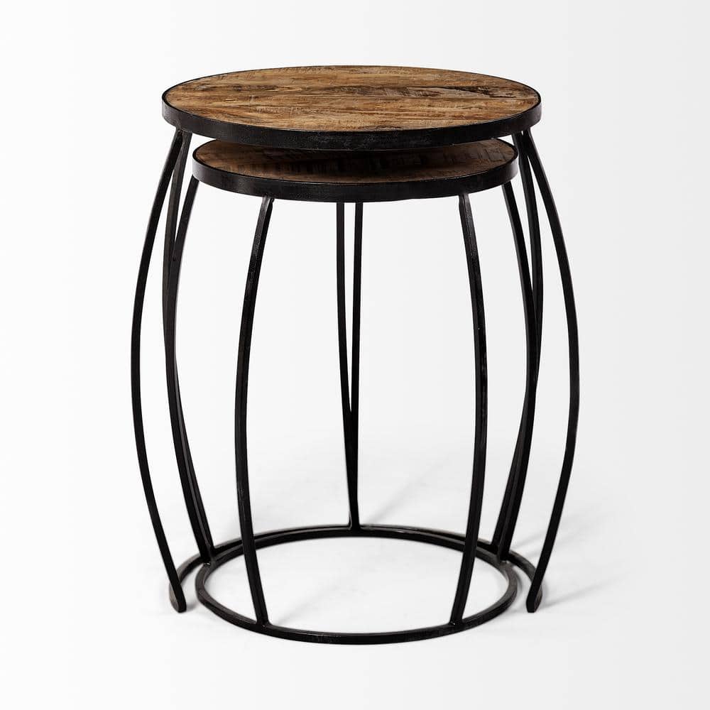 Medium Brown Round Mango Wood and Black Iron Nesting Accent Tables Set
