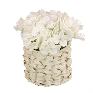 10 in. Artificial Floral Arrangements Hydrangea in Basket Color: White