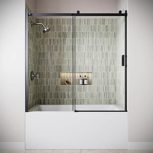 Paola 60'' x 60'' Semi-Frameless Sliding Bathtub Door,CrystalTech Treated 1/4'' Glass, Matte Black Hardware
