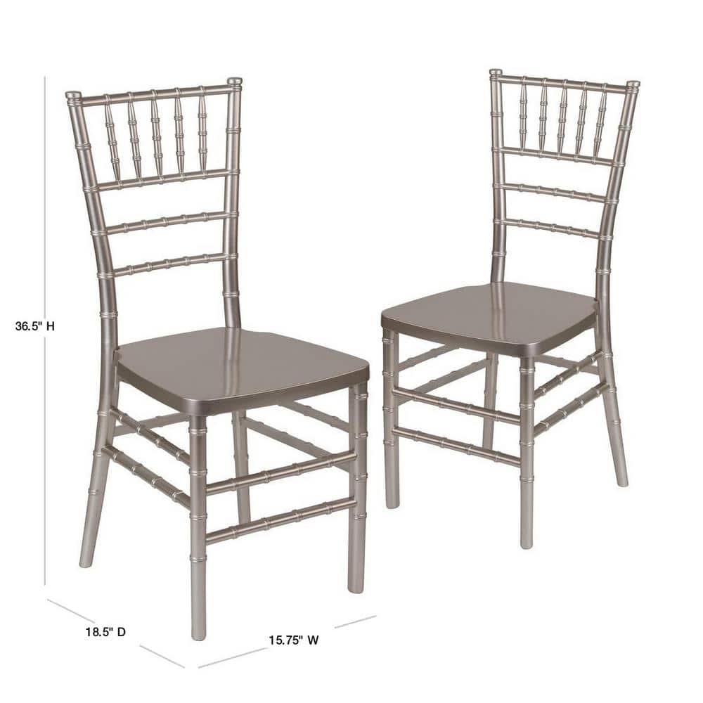 Two pewter Chiavari chairs with dimensions shown.