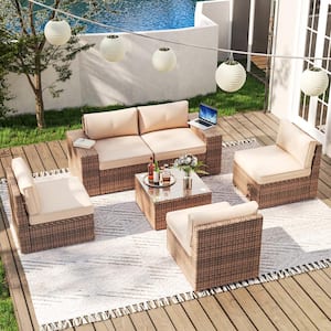 6-Piece Rattan Wicker Steel Patio Outdoor Sectional Set and Coffee Table with Beige Cushions and Set Covers