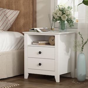 White Wooden Nightstand, Sidetable, End Table with 2 Drawers and Open Shelf, 19.7 L x 15.7 in. W x 21.7 in. H