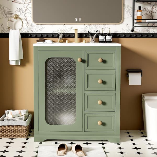 30 in. Single Sink Soft Close Glass Door Elegant Green Bath Vanity with White Ceramic Top
