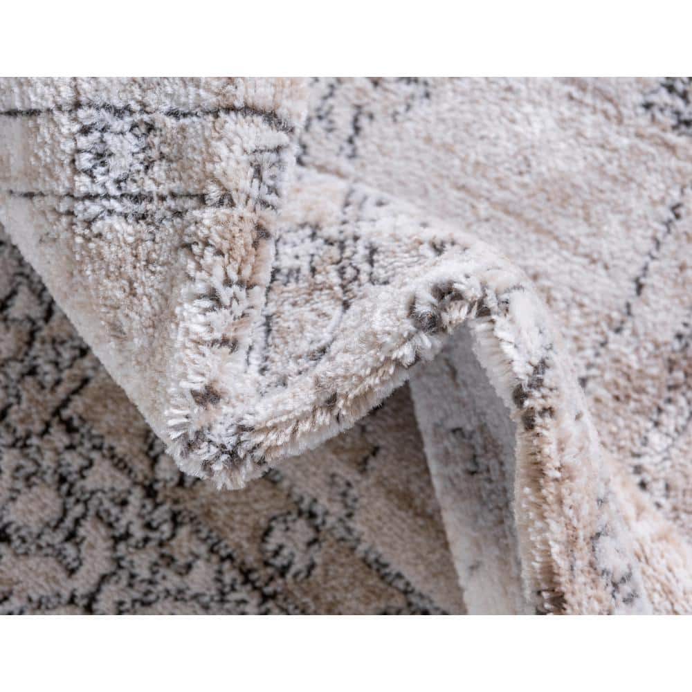 Ivory and Gray Geometric Synthetic Indoor Runner Rug