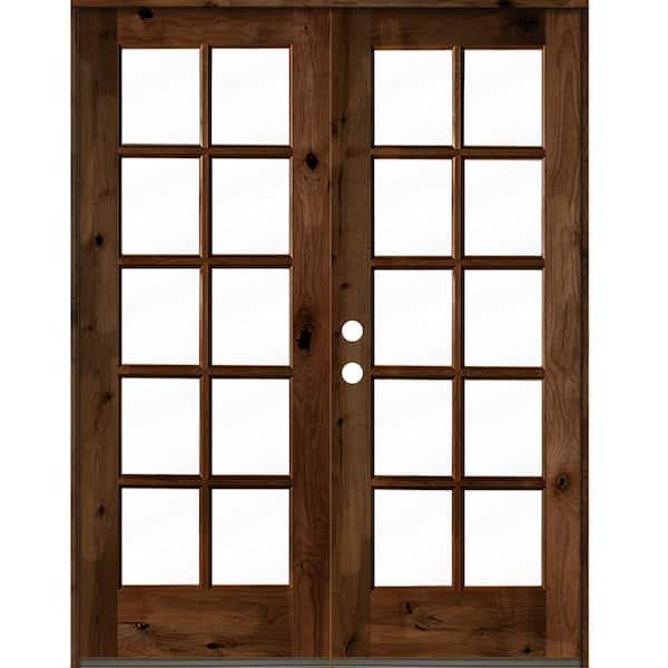 Krosswood Doors 60 in. x 80 in. French Knotty Alder Wood 10-Lite Clear Glass provincial stain Right Active Double Prehung Front Door