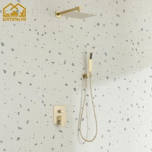 2-Spray Patterns 10 in. Wall Mount Bathroom Dual Shower Heads with Hand Shower in Brushed Gold