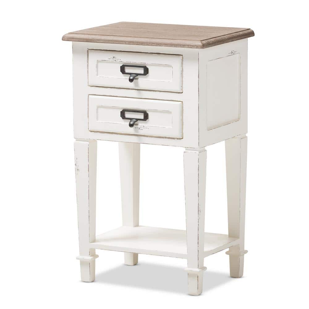 Dauphine Provincial Style 2-Drawer Nightstand in Distressed White and Oak