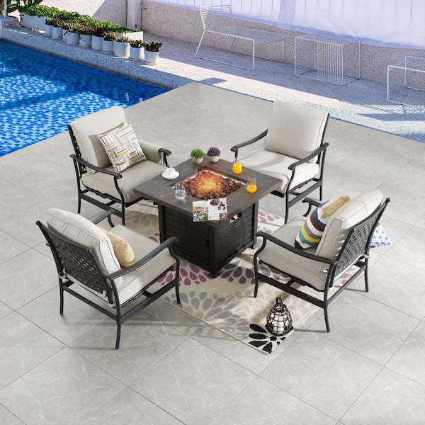 Patio Festival 5-Piece Metal Patio Fire Pit Seating Set with Beige Cushions