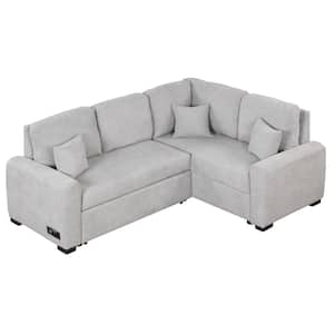 87.4 in. W L-Shape Velvet Sectional Sofa Bed in. Gray with USB Charging Port and 3 Pillows