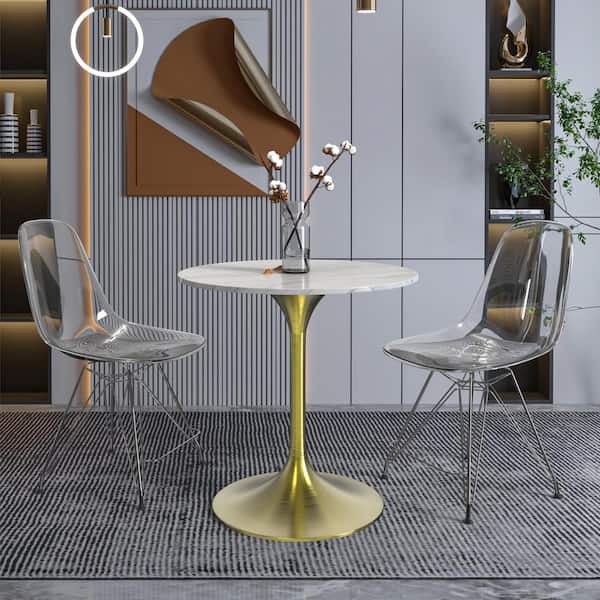 Leisuremod Verve Mid-Century Modern 27 in. Round Dining Table with Stone Top and Brushed Gold Pedestal Base (White)