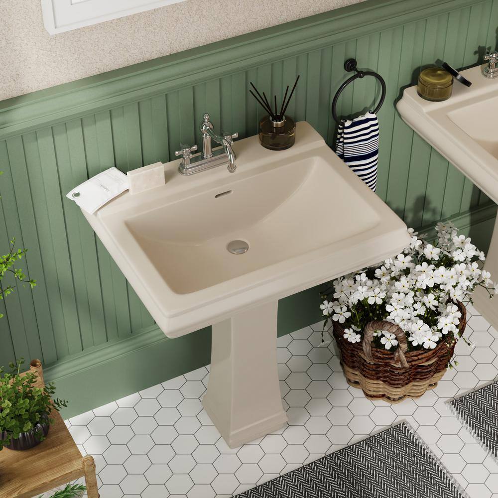 Bone Ceramic Rectangular Pedestal Bathroom Sink with Triple Faucet Holes