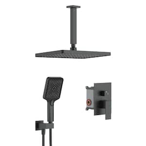 Single-Handle 4-Spray Ceiling Mount 14.2 in. Rectangle Shower Faucet with Hand Shower in Matte Black (Valve Included)
