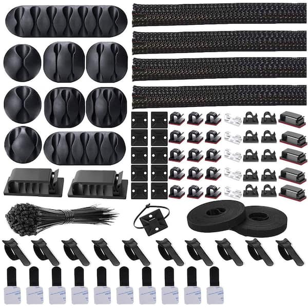 Lukyamzn Cord Management Organizer Kit 4 Cable Sleeve Split 41 Self Adhesive Clips Holder 10-Piece 2 Roll Self-Tie 100 Ties Black